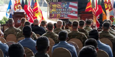 Brig. Gen. Trace Thomas, assistant adjutant general-Air and commander of the Montana Air National Guard, delivers opening remarks during the Atlas Angel II opening ceremony at Sri Lanka Air Force Base Katunayake, Sri Lanka, Aug. 31, 2026.