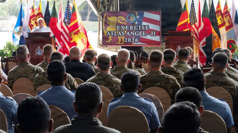 Brig. Gen. Trace Thomas, assistant adjutant general-Air and commander of the Montana Air National Guard, delivers opening remarks during the Atlas Angel II opening ceremony at Sri Lanka Air Force Base Katunayake, Sri Lanka, Aug. 31, 2026.