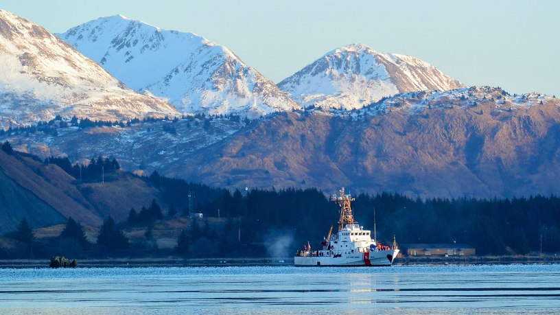 The crew of the Coast Guard Cutter Long Island departs Womens Bay, Alaska, near Kodiak Island March 9, 2014. The crew of the 110-foot Island-class patrol boat, home-ported in Valdez, was in the Kodiak region to conduct fisheries enforcement boardings for the halibut and sablefish season openers. (U.S. Coast Guard photo by Chief Petty Officer Sara Mooers)