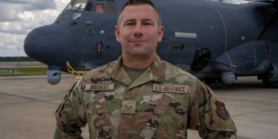 Staff Sgt. Justin Boisvert poses for the camera for a hero shot on September 1, 2026. Boisvert received recognition from 919th Special Operations Wing leadership because of his heroic acts and saved a local community member's life in June after a car crash. (U.S. Air Force photo by Senior Airman Emily Bloodworth)