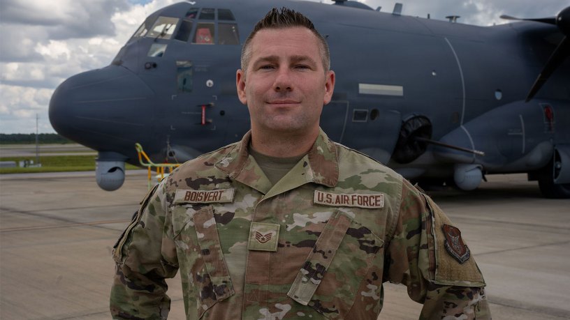 Staff Sgt. Justin Boisvert poses for the camera for a hero shot on September 1, 2026. Boisvert received recognition from 919th Special Operations Wing leadership because of his heroic acts and saved a local community member's life in June after a car crash. (U.S. Air Force photo by Senior Airman Emily Bloodworth)