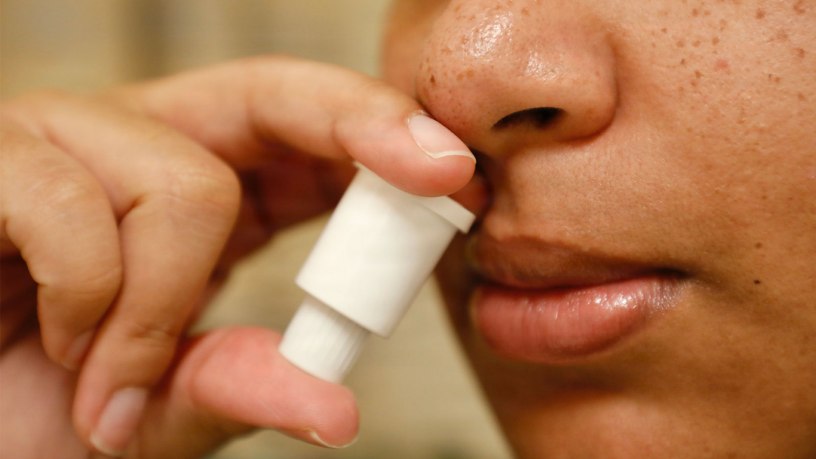 A sailor self-administers a dose of a nasal spray called INNA-051, designed to prevent and reduce symptoms of viral respiratory infections like the common cold or flu. The Naval Medical Research Command’s (NMRC) Clinical Trials Center (CTC) is preparing a study into the effectiveness of INNA-051, planned to begin in September.