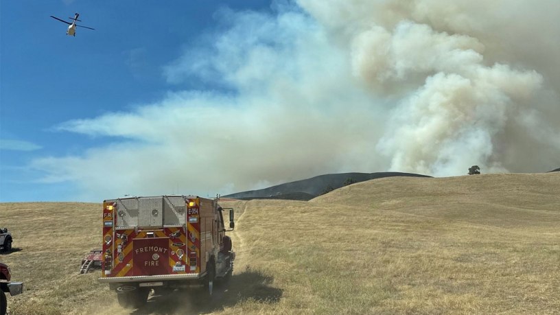 Camp Parks firefighters in Water Tender 44, approach a boundary of the Little Fire, July 21, 2026, in support of Alameda County Fire Department and California Department of Forestry and Fire Protection.