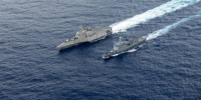 ndependence-variant littoral combat ship USS Santa Barbara (LCS 32), left, sails in formation with Philippine Navy Jose Rizal-class guided-missile frigate BRP Antonio Luna (FFG 15), right, during the Multilateral Maritime Cooperative Activity in the Philippines’ Exclusive Economic Zone, July 25, 2026.