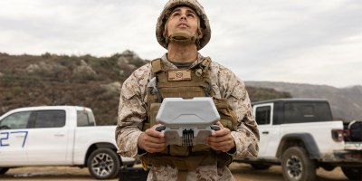 U.S. Marine Corps Master Sgt. Steven Baez, a communications chief with the Combat Logistics Regiment 17, 1st Marine Logistics Group, assigned to Joint Task Force-Southern Border in support of Operation Ardent Vanguard, flies a Skydio X10 during a small unmanned aircraft system (sUAS) demonstration near the U.S.-Mexico border in California, Aug. 5, 2026.