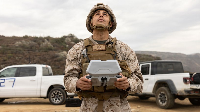 U.S. Marine Corps Master Sgt. Steven Baez, a communications chief with the Combat Logistics Regiment 17, 1st Marine Logistics Group, assigned to Joint Task Force-Southern Border in support of Operation Ardent Vanguard, flies a Skydio X10 during a small unmanned aircraft system (sUAS) demonstration near the U.S.-Mexico border in California, Aug. 5, 2026.