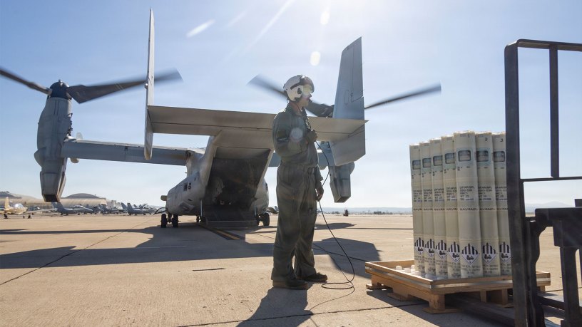 U.S. Marine Corps Cpl. Donovan Nickelson, a crew chief with Marine Operational Test and Evaluation Squadron 1 (VMX-1), prepares to load sonobuoys onto a U.S. Marine Corps MV-22B Osprey assigned to VMX-1 at Marine Corps Air Station Miramar, California, Aug. 19, 2026.