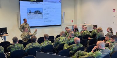 Army Lt. Col. Eric Fritz, the commander of the New York Army National Guard’s 3rd Battalion, 142nd Assault Helicopter Battalion, conducts one of a series of classes on Army air assault doctrine conducted for Swedish Air Force aviators at Malmen Air Base outside of Linkoping, Sweden on August 26, 2026.