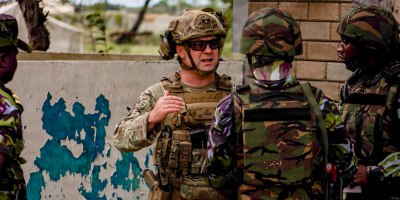 U.S. Air Force Master. Sgt. Brian Jones, 475th Expeditionary Air Base Squadron Explosive Ordnance Device team leader, operates a explosives hazards robot during a base defense exercise at Manda Bay, Kenya, August 27, 2026.