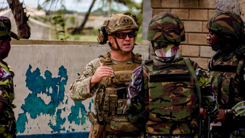 U.S. Air Force Master. Sgt. Brian Jones, 475th Expeditionary Air Base Squadron Explosive Ordnance Device team leader, operates a explosives hazards robot during a base defense exercise at Manda Bay, Kenya, August 27, 2026.