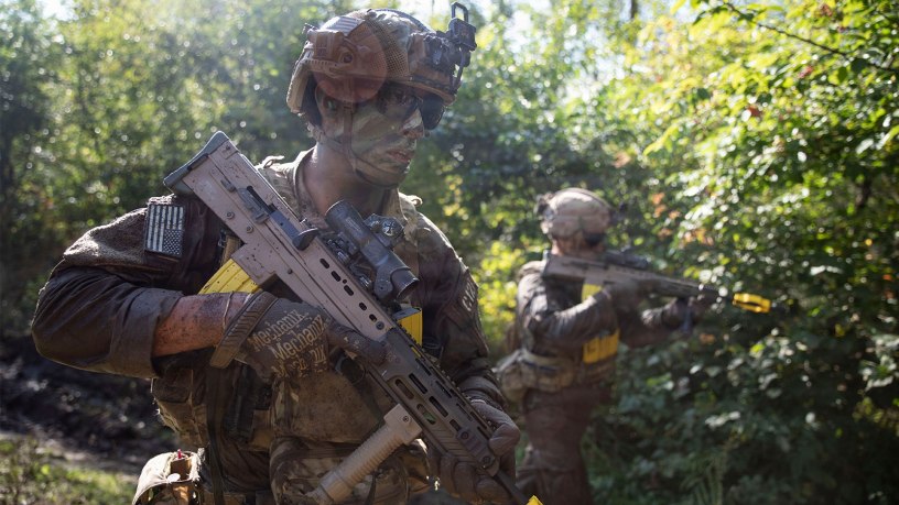 U.S. Army Staff Sgt. Kevin Ortega, assigned to Charlie Company, 2nd Battalion, 37th Armored Regiment, NATO Forward Land Forces (FLF) Battle Group-Poland, tactically moves through the bayonet lane during the British Exercise Masurian Patrol at Bemowo Piskie Training Area (BPTA), Poland on Sept. 1, 2026.
