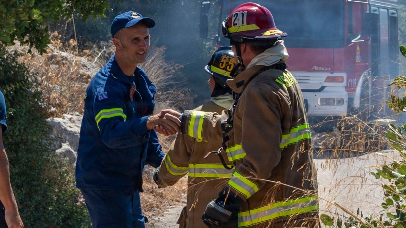 Firefighters from Naval Support Activity (NSA) Souda Bay Fire & Emergency Services and the host-nation Chania Fire Department respond to a brush fire near the installation in Mouzouras, Crete, Greece, Sept. 1, 2026.
