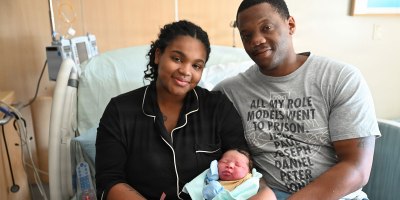 Sgt. Daiquan Tisdale, with the 43rd Adjutant General (Reception) Battalion, and his wife, Tatyana, show off their new bundle of joy at the General Leonard Wood Community Hospital, after the baby was safely delivered in the family’s on-post home by Fort Leonard Wood firefighters and paramedics. (Photo by Debbie Thompson, General Leonard Wood Community Hospital)