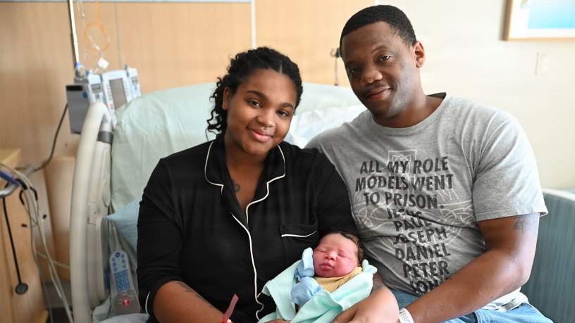 Sgt. Daiquan Tisdale, with the 43rd Adjutant General (Reception) Battalion, and his wife, Tatyana, show off their new bundle of joy at the General Leonard Wood Community Hospital, after the baby was safely delivered in the family’s on-post home by Fort Leonard Wood firefighters and paramedics. (Photo by Debbie Thompson, General Leonard Wood Community Hospital)