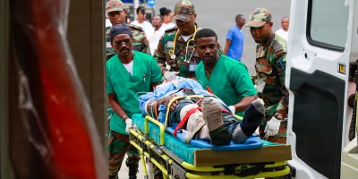 Angolan Armed Forces medical personnel load a simulated patient into a medical evacuation vehicle during the Angola Medical Readiness Exercise at Hospital Militar Principal, Luanda, Angola, Sept. 7, 2026.