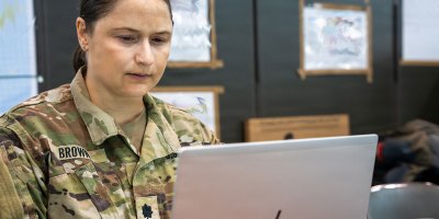 U.S. Army Lt. Col. Jennie Brown, 11th Airborne Division surgeon, conducts medical planning during Exercise Yama Sakura 91 at Camp Higashi-Chitose, Japan, Sept. 9, 2026.