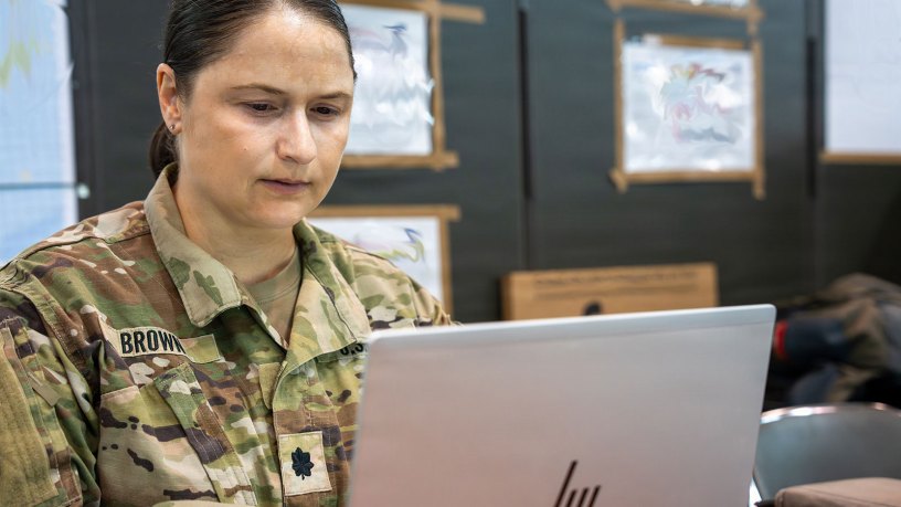 U.S. Army Lt. Col. Jennie Brown, 11th Airborne Division surgeon, conducts medical planning during Exercise Yama Sakura 91 at Camp Higashi-Chitose, Japan, Sept. 9, 2026.