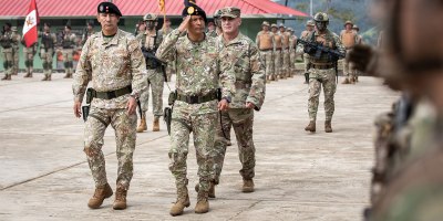 Peruvian Army 5th Amazon Jungle Protection Brigade Commanding General Brig. Gen. Jose Chuquillanqui Narvarte, Peruvian Army Land Operations Command Chief of Staff Brig. Gen. Kenneth Valverde Virhuez, and U.S. Army Western Hemisphere Command representative Brig. Gen. Robert Kincaid, attend the opening ceremony of Exercise Southern Vanguard in Sauce, Peru, Sept. 8, 2026.