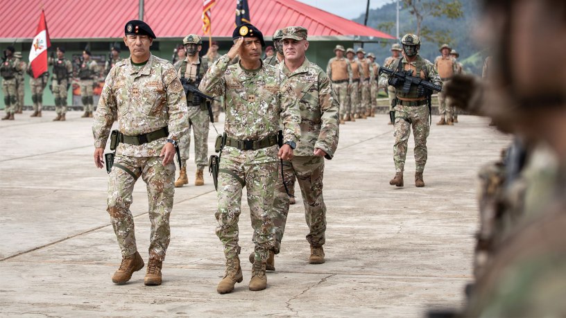 Peruvian Army 5th Amazon Jungle Protection Brigade Commanding General Brig. Gen. Jose Chuquillanqui Narvarte, Peruvian Army Land Operations Command Chief of Staff Brig. Gen. Kenneth Valverde Virhuez, and U.S. Army Western Hemisphere Command representative Brig. Gen. Robert Kincaid, attend the opening ceremony of Exercise Southern Vanguard in Sauce, Peru, Sept. 8, 2026.