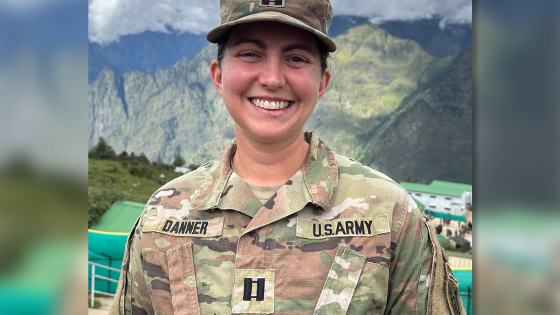 U.S. Army Capt. Molly Danner, 1st Mobile Brigade Combat Team, 11th Airborne Division, H2F mental readiness and sleep director, poses for a photo during Exercise Yudh Abhyas 2026 in Auli, India, Sept. 12, 2026.