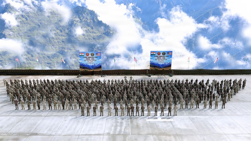 U.S. and Indian Army forces participate in the opening ceremony for Exercise Yudh Abhyas 2026 in Auli, India, Sept. 15, 2026.