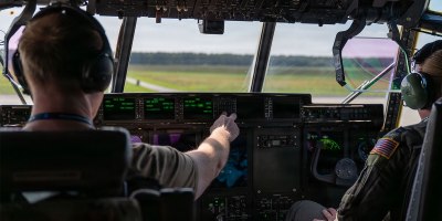 From left, U.S. Air Force Capt. Braden Smith, 37th Airlift Squadron pilot, and Capt. Natalie Meyer, 37th AS pilot, prepare to takeoff on a C-130J Super Hercules during exercise Hussar Saber 26-4 at 33rd Air Base, Poland, Sept. 15, 2026.