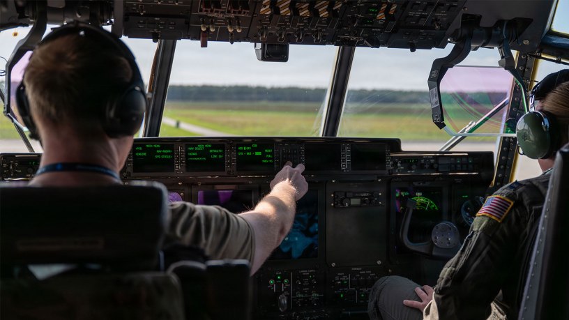From left, U.S. Air Force Capt. Braden Smith, 37th Airlift Squadron pilot, and Capt. Natalie Meyer, 37th AS pilot, prepare to takeoff on a C-130J Super Hercules during exercise Hussar Saber 26-4 at 33rd Air Base, Poland, Sept. 15, 2026.