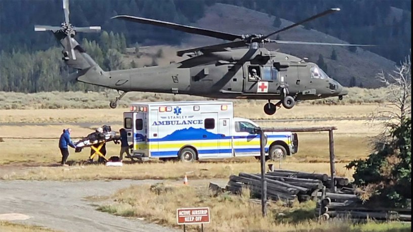 An Idaho Army National Guard HH-60 Black Hawk flies away after transferring a patient to civilian authorities after conducting a hoist rescue mission in Stanley, Idaho, on Sept. 17.