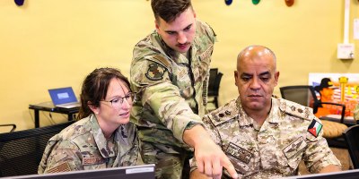 U.S. Military and Jordanian Armed Forces (JAF) personnel work through simulated air operations during an Eager Lion 2026 command post exercise at Ft. Carson, Colo., Sept. 17, 2026.