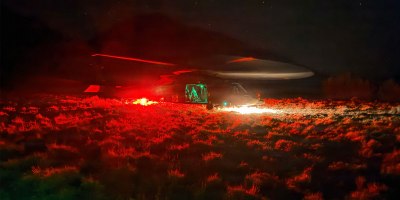 A Montana Army National Guard helicopter assigned to Company C (DUSTOFF) supports a nighttime search-and-rescue mission near Mount Borah in Custer County, Idaho, Sept. 19, 2026.