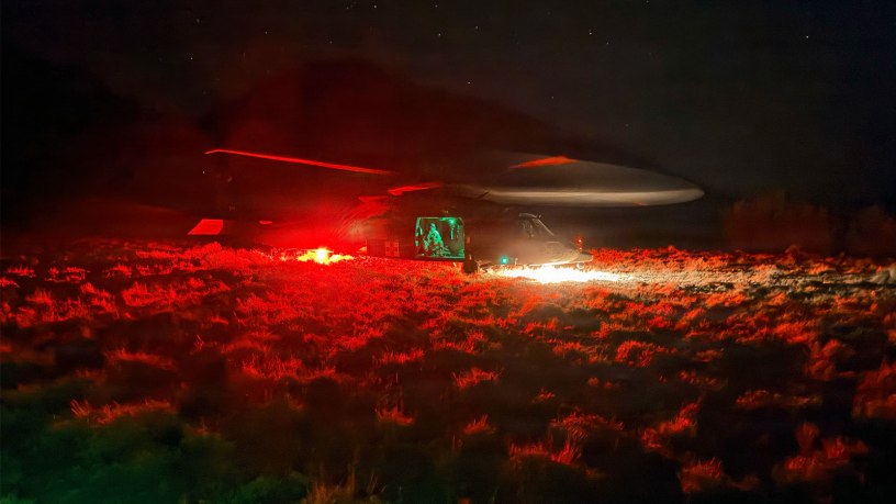 A Montana Army National Guard helicopter assigned to Company C (DUSTOFF) supports a nighttime search-and-rescue mission near Mount Borah in Custer County, Idaho, Sept. 19, 2026.