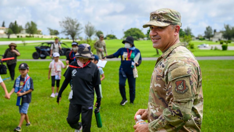 U.S. Air Force Col. Byron Buzan, 18th Mission Support Group commander, greets residents of Chatan, Japan, during a tsunami evacuation exercise at Kadena Air Base, Japan, Sept. 19, 2026.