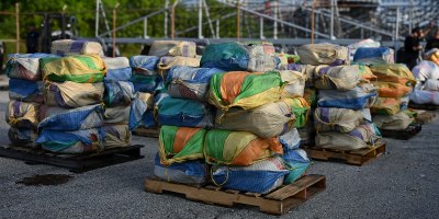 Pallets of interdicted contraband are staged at Port Everglades in Fort Lauderdale, Florida, Sept. 21, 2026. The Coast Guard Cutter Escanaba crew offloaded the interdicted contraband before it was transferred to partnering agency.