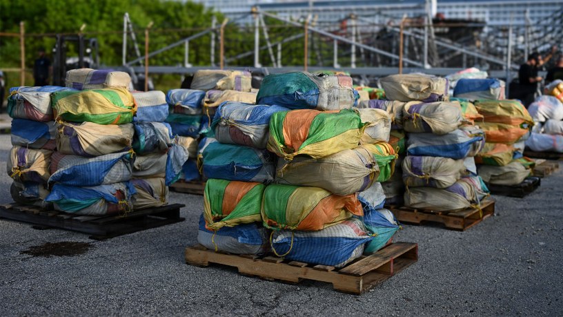 Pallets of interdicted contraband are staged at Port Everglades in Fort Lauderdale, Florida, Sept. 21, 2026. The Coast Guard Cutter Escanaba crew offloaded the interdicted contraband before it was transferred to partnering agency.