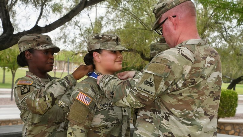 U.S. Army Sgt. Alexandria Vereen-Alaniz, senior human resources sergeant, 1st Battalion, 67th Armored Regiment, receives the Col. Robert L. Manning Achievement Medal during an Adjutant General’s Corps Regimental Association ceremony at Fort Bliss, Texas.