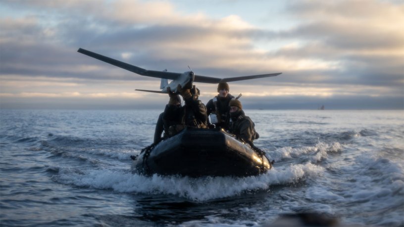 U.S. Marines and Sailors with 2d Reconnaissance Battalion, 2d Marine Division prepare to launch an RQ-20 Puma unmanned aircraft system from a combat rubber reconnaissance craft during Operation Baltic Sentry in Southern Finland, Feb. 28, 2025.