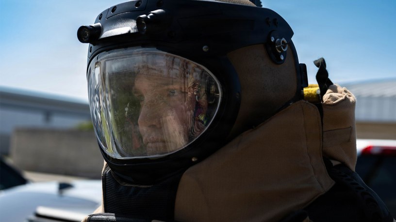 Tech. Sgt. Eric Eliot, 325th Civil Engineering Squadron explosive ordinance disposal operations section chief, responds to a simulated unexploded ordnance during a controlled Noble Panther 26-4 exercise scenario at Tyndall Air Force Base, Fla., March 5, 2026.
