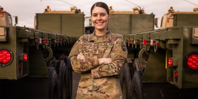 Sgt. 1st Class Rebecca Kasuboski, a motor transport operator assigned to the 1133rd Transportation Company, 185th Combat Sustainment Support Battalion, 734th Regional Support Group, poses for a photo, Topeka, Kansas, June 8, 2026.