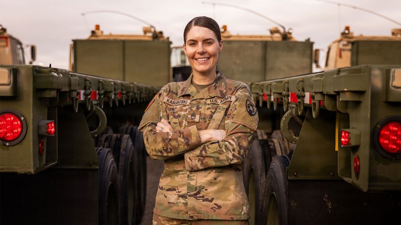 Sgt. 1st Class Rebecca Kasuboski, a motor transport operator assigned to the 1133rd Transportation Company, 185th Combat Sustainment Support Battalion, 734th Regional Support Group, poses for a photo, Topeka, Kansas, June 8, 2026.