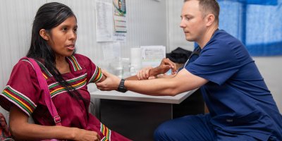 U.S. Army Maj. Kyle Rollins, assigned to Joint Task Force - Bravo, takes vitals of a local Panamanian during a medical mission at a Centro de Salud in Sabanitas, Ngäbe-Buglé Comarca, Panama, July 21, 2026.