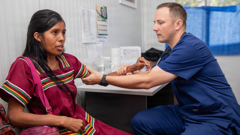 U.S. Army Maj. Kyle Rollins, assigned to Joint Task Force - Bravo, takes vitals of a local Panamanian during a medical mission at a Centro de Salud in Sabanitas, Ngäbe-Buglé Comarca, Panama, July 21, 2026.