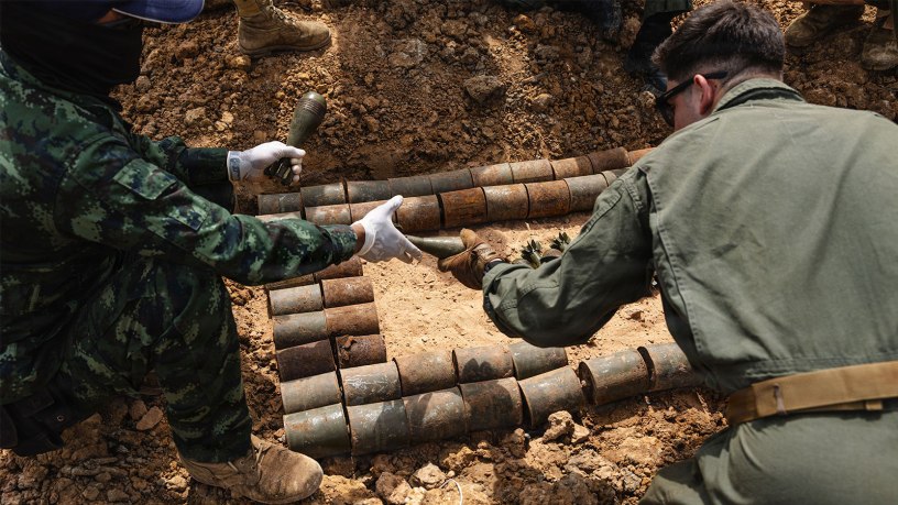 Members of Thailand Mine Action Center and U.S. Marines with 3rd Explosive Ordnance Disposal, 9th Engineer Support Battalion, Combat Logistics Regiment 37, 3rd Marine Logistics Group stacks explosive ordnance during the Deployed for Training Bilateral EOD Exercise at Phu Lam Yai Training Ground, Nakon Ratchasima, Thailand, Aug. 28, 2026.