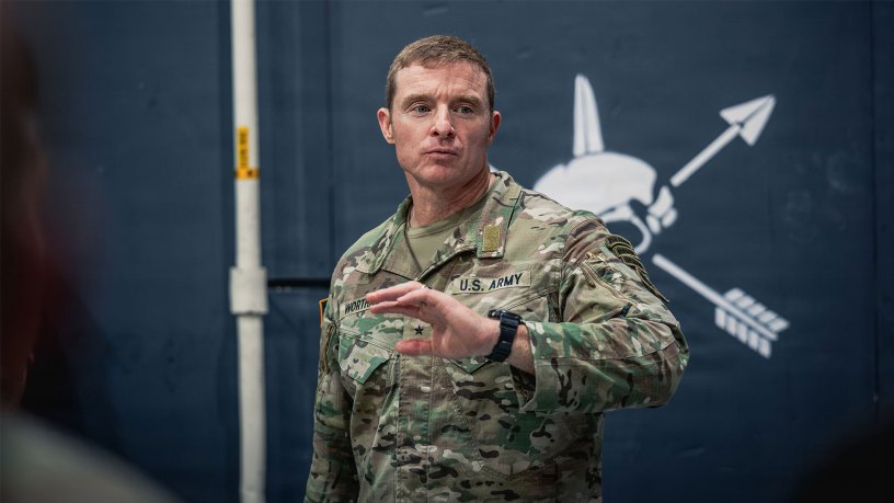 U.S. Army Brig Gen. Joseph W. Wortham, commanding general of 1st Special Forces Command (Airborne), speaks with U.S. Green Berets assigned to 3rd Special Forces Group (Airborne) during a War Horse mission brief on Fort Bragg, North Carolina, Sept. 18, 2026.