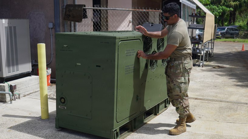 U.S. Air Force Staff Sgt. Kamakanilawaialii Pickering-Stevens, assigned to the Power Production Shop, 154th Civil Engineering Squadron, Hawai‘i Air National Guard, works on a backup generator provided to the Kaua‘i Humane Society following the impacts of Hurricane Lowell in Līhu‘e, Hawai‘i, on Sept. 22, 2026.