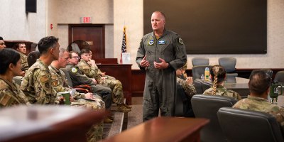 U.S. Air Force Col. Adam Rudolphi, 42d Air Base Wing deputy commander, speaks during the 42d ABW Flight Leadership Summit at Maxwell Air Force Base, Alabama, Sept. 22, 2026.