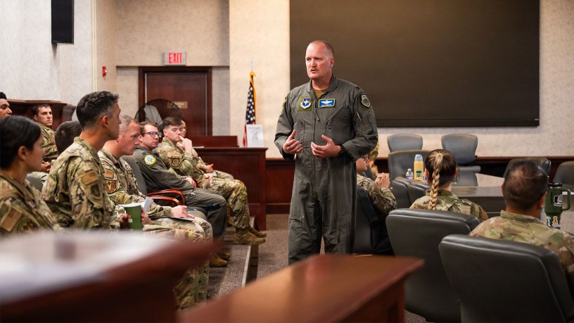 U.S. Air Force Col. Adam Rudolphi, 42d Air Base Wing deputy commander, speaks during the 42d ABW Flight Leadership Summit at Maxwell Air Force Base, Alabama, Sept. 22, 2026.