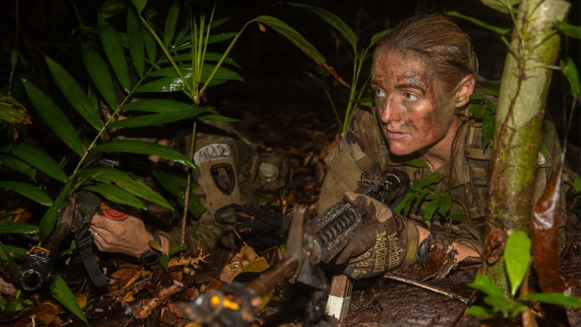 Maj. Alyson Gleason, a student in the Jungle Operations Training Course- Panama, assigned to United States Space Force Headquarters, prepares for an ambush during the jungle culminating exercise at Aeronaval Base Cristóbal Colón, Panamá, Sept. 24, 2026. The JOTC-P’s culminating exercise displays the tactics and skills candidates learned throughout the course to fight and survive in a jungle environment. (U.S. Army photo by Pfc. Oshon Trowbridge)