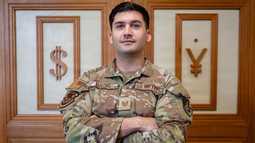 U.S. Air Force Tech. Sgt. Stephen Malone, 18th Comptroller Squadron non-commissioned officer in charge of budget operations flight, poses for a photo on Kadena Air Base, Okinawa, Japan, Sept. 24, 2026. Malone helped rescue trapped individuals during a hotel fire near Araha Beach, Okinawa. (U.S. Air Force photo by Senior Airman Violette Hosack)