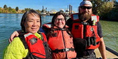 U.S. Army Corps of Engineers Sacramento District team members Chi Bui, left, Morgan Marlatt, center, and Patrick Vanek-McGillivray observe erosion protection work along the Sacramento River in Sacramento, California, Sept. 30, 2026.