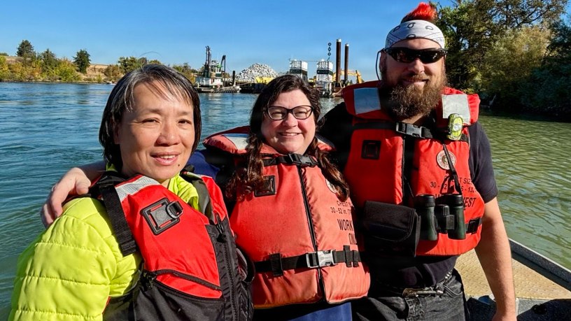 U.S. Army Corps of Engineers Sacramento District team members Chi Bui, left, Morgan Marlatt, center, and Patrick Vanek-McGillivray observe erosion protection work along the Sacramento River in Sacramento, California, Sept. 30, 2026.